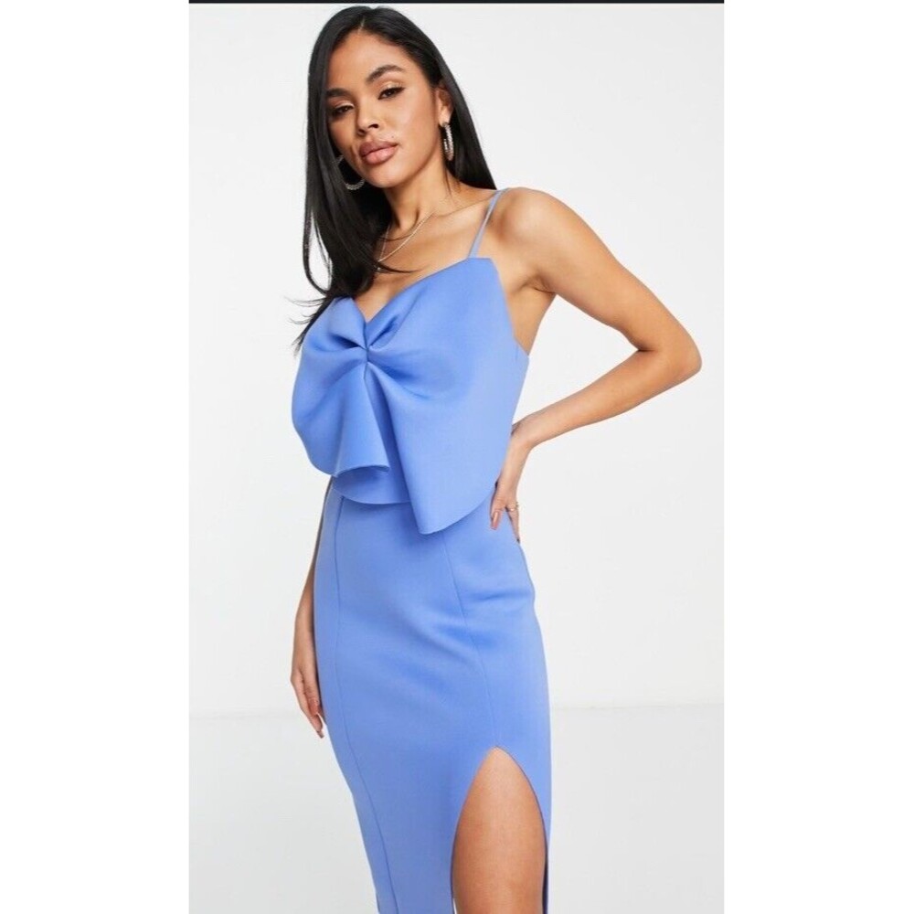 ASOS Dress Scuba Front Bodice Bow Thigh Slit Stretch Parisian Blue Women Size 8